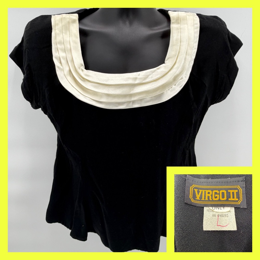 Virgo II Blouse Women 14 Black Cream Velvet Satin Draped Neck Cap Sleeve Vintage